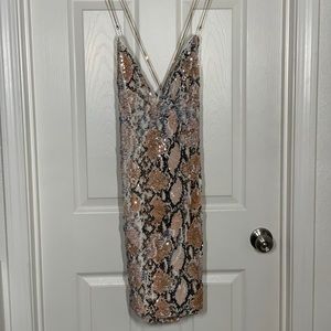 Sequin Snake Print Mini Dress with Chain Cross Back